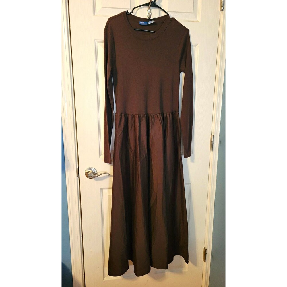Polo Ralph Lauren Mixed-Media Ribbed Cotton & Poplin Midi Dress Brown Large NWT
